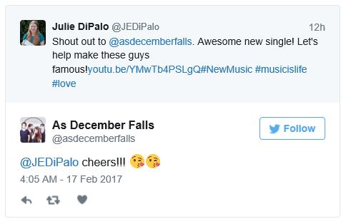 Twitter reach from me @JEDiPalo to @AsDecemberFalls band. 